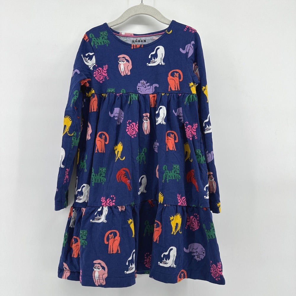 Mini Boden Girls Navy Blue Colorful Cat Print Long Sleeve Tiered Dress 7-8Y